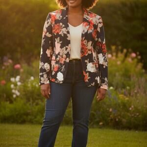 Tahari ASL Floral Blazer - Navy, Red, White